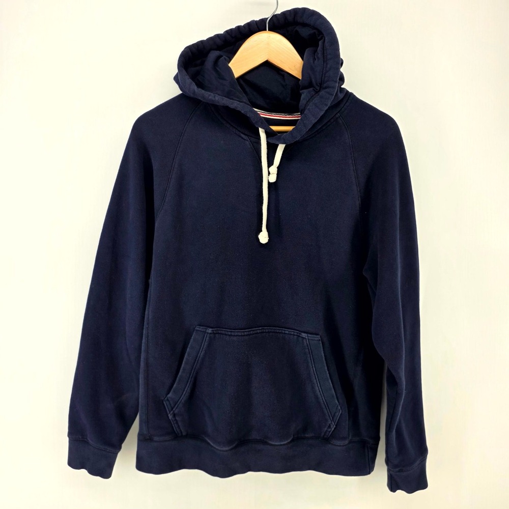 Lands End Serious Sweats Hoodie Mens M Navy Blue Raglan Pullover Fleece Pocket